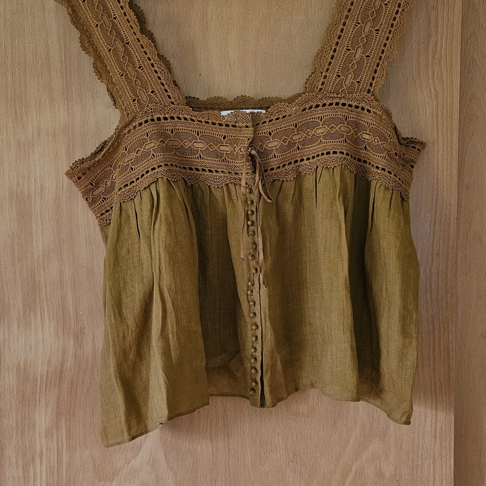 Womens Crochet-Trim Olive Green Tank Top